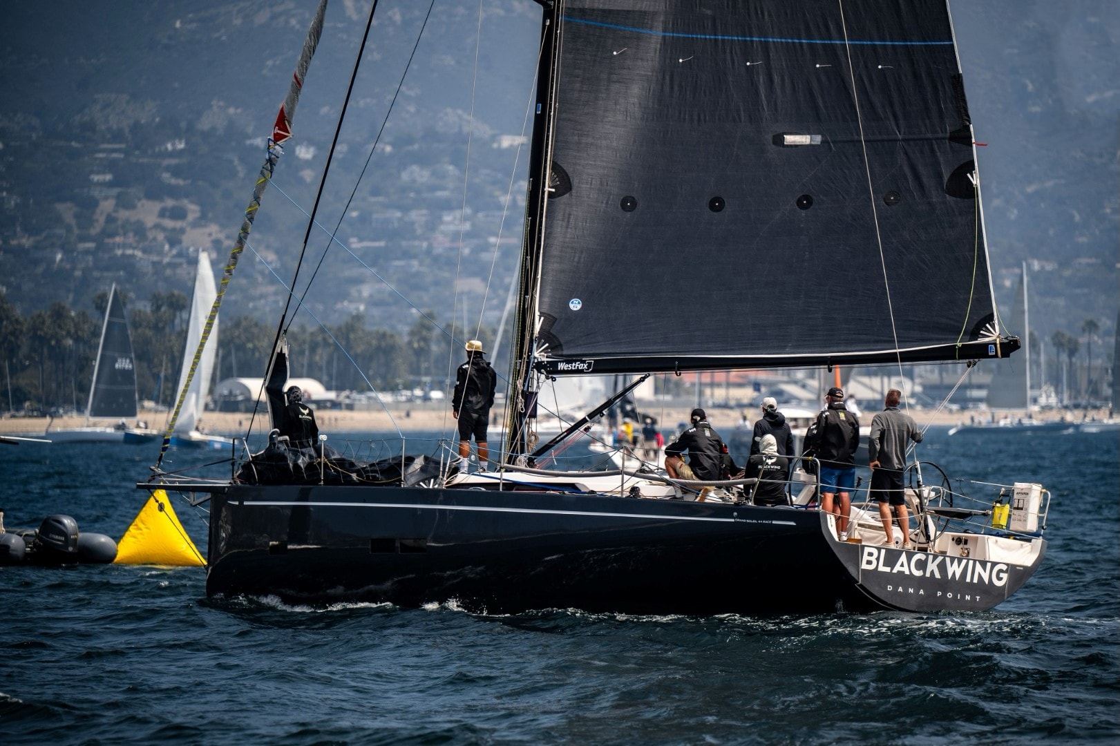 Blackwing, a 2023 Grand Soleil 44, with her name on the transom off Dana Point